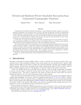 Forward and Backward Private Searchable Encryption from Constrained Cryptographic Primitives