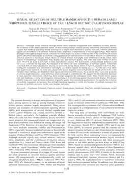 Sexual Selection of Multiple Handicaps in the Red‐Collared Widowbird: Female Choice of Tail Length but Not Carotenoid Display