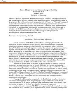 An Ethnomusicology of Disability Alex Lubet, Ph.D. School of Music University of Minnesota