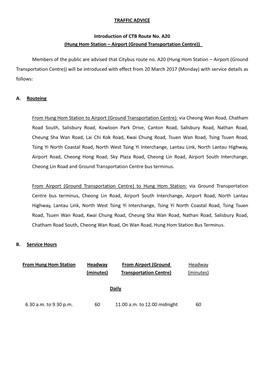 TRAFFIC ADVICE Introduction of CTB Route No. A20 (Hung Hom Station