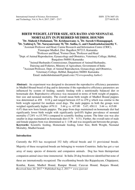 BIRTH WEIGHT, LITTER SIZE, SEX RATIO and NEONATAL MORTALITY in PUREBRED MUDHOL HOUNDS 1Dr