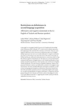 Restrictions on Definiteness in Second Language Acquisition : Affirmative and Negative Existentials in the L2 English of Turkish