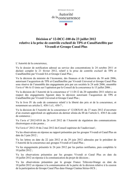 Décision N° 12-DCC-100 Du 23 Juillet 2012 Relative À La Prise De Contrôle Exclusif De TPS Et Canalsatellite Par Vivendi Et Groupe Canal Plus