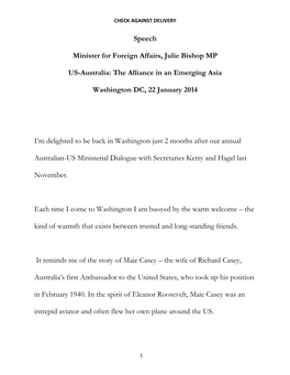 Speech Minister for Foreign Affairs, Julie Bishop MP US-Australia: The