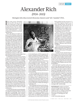 Alexander Rich (1924–2015) Biologist Who Discovered Ribosome Clusters and ‘Left-Handed’ DNA