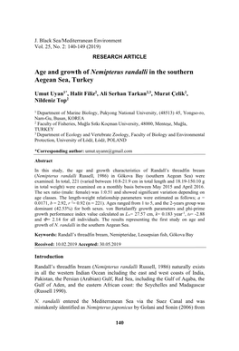 Age and Growth of Nemipterus Randalli in the Southern Aegean Sea, Turkey