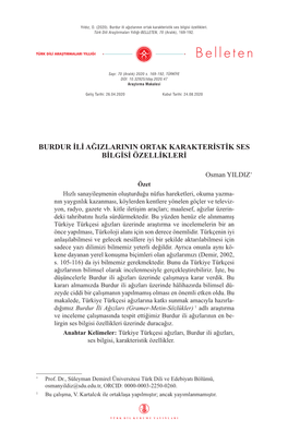 Burdur Ili Ağızlarının Ortak Karakteristik Ses Bilgisi Özellikleri