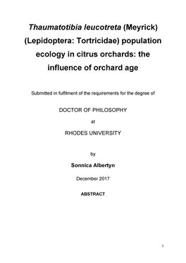 Thaumatotibia Leucotreta (Meyrick) (Lepidoptera: Tortricidae) Population Ecology in Citrus Orchards: the Influence of Orchard Age