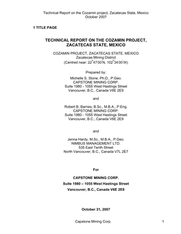 Technical Report on the Cozamin Project, Zacatecas State, Mexico October 2007