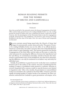 Roman Reading Permits for the Works of Bruno and Campanella Leen Spruit