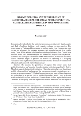 Regime Inclusion and the Resilience of Authoritarianism: the Local People’S Political Consultative Conference in Post-Mao Chinese Politics