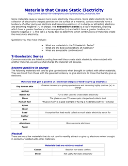 Materials That Cause Static Electricity