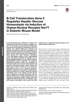 B-Cell Translocation Gene 2 Regulates Hepatic Glucose Homeostasis Via Induction of Orphan Nuclear Receptor Nur77 in Diabetic Mouse Model