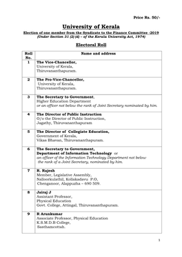 University of Kerala Election of One Member from the Syndicate to the Finance Committee -2019 (Under Section 31 (2) (D) – of the Kerala University Act, 1974)