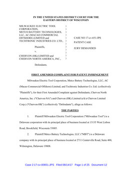 In the United States District Court for the Eastern District of Wisconsin Milwaukee Electric Tool Corporation, Metco Battery