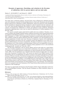 Dynamics of Appearance, Flourishing, and Extinction in the Devonian of Radiolarians with Two Porous Spheres and One Main Spine