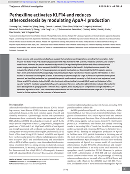 Perhexiline Activates KLF14 and Reduces Atherosclerosis by Modulating Apoa-I Production