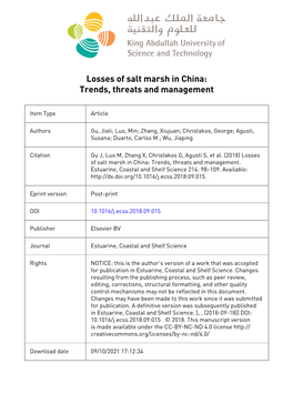 Losses of Salt Marsh in China: Trends, Threats and Management