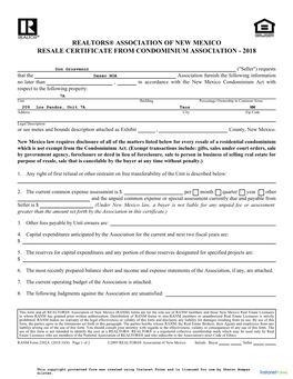 Resale Certificate from Condominium Association - 2018