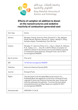 Effects of Camphor Oil Addition to Diesel on the Nanostructures and Oxidative Reactivity of Combustion-Generated Soot