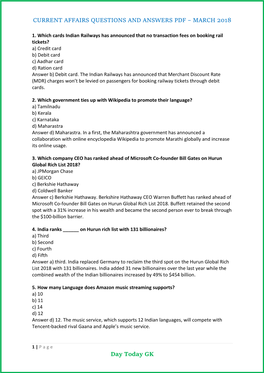 Current Affairs Questions and Answers Pdf – March 2018