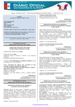 Alagoas , 24 De Março De 2021 • Diário Oficial Dos Municípios Do Estado De Alagoas • ANO VIII | Nº 1505