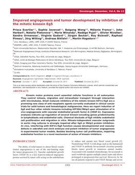 Impaired Angiogenesis and Tumor Development by Inhibition of the Mitotic Kinesin Eg5