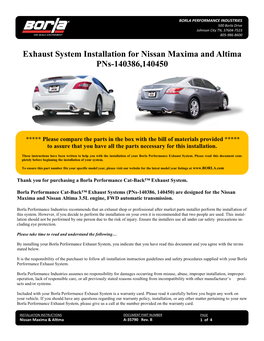 Exhaust System Installation for Nissan Maxima and Altima Pns-140386,140450