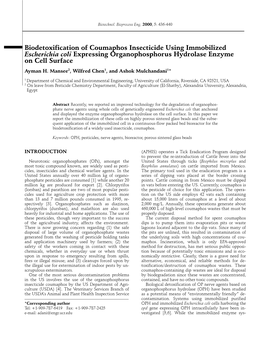 Biodetoxification of Coumaphos Insecticide Using Immobilized Escherichia Coli Expressing Organophosphorus Hydrolase Enzyme on Cell Surface