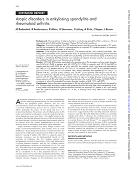 Atopic Disorders in Ankylosing Spondylitis and Rheumatoid Arthritis M Rudwaleit, B Andermann, R Alten, H Sörensen, J Listing, a Zink, J Sieper, J Braun