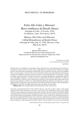 Entre Alto Cedro Y Marcané. Breve Semblanza De Danilo Orozco (Santiago De Cuba, 17 De Julio, 1944; La Habana, Cuba, 26 De Marzo, 2013) Between Alto Cedro and Marcané