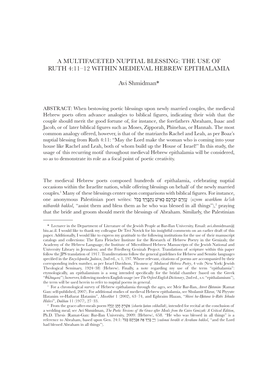 A Multifaceted Nuptial Blessing: the Use of Ruth 4:11–12 Within Medieval Hebrew Epithalamia