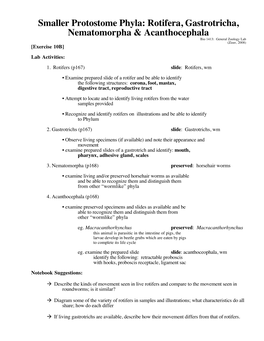 Smaller Protostome Phyla: Rotifera, Gastrotricha, Nematomorpha & Acanthocephala Bio 1413: General Zoology Lab (Ziser, 2008) [Exercise 10B] Lab Activities: 1