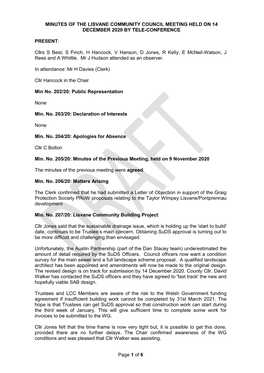 Page 1 of 6 MINUTES of the LISVANE COMMUNITY COUNCIL MEETING HELD on 14 DECEMBER 2020 by TELE-CONFERENCE PRESENT: Cllrs S Best