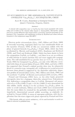 AN OCCURRENCE of the ASSEMBLAOE, NATIVE SULFTIR- COVELLITE-"Cu5 6,Fe,S6.S"", AUCANQUILCHA, CHILE Aran H. Cr-Etr&L