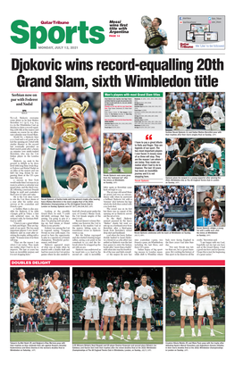 Djokovic Wins Record-Equalling 20Th Grand Slam, Sixth Wimbledon Title