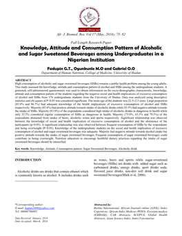 Knowledge, Attitude and Consumption Pattern of Alcoholic and Sugar Sweetened Beverages Among Undergraduates in a Nigerian Institution