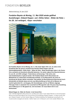 Edward Hopper» Und «Stilles Sehen – Bilder Der Ruhe » Bis 26