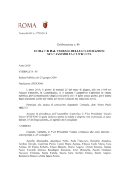 Deliberazione N. 49 ESTRATTO DAL VERBALE DELLE DELIBERAZIONI DELL'assemblea CAPITOLINA