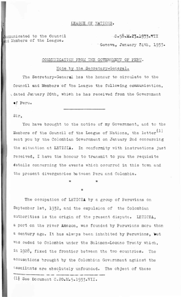 LEAGUE of NATIONS. Tcominunicated to the Council D Members of the League,- ' Geneva, January 24 Th, 1933'