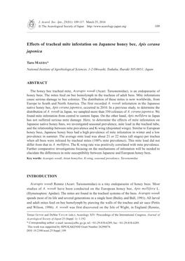 Effects of Tracheal Mite Infestation on Japanese Honey Bee, Apis Cerana Japonica