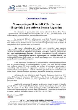 Nuova Sede Per Il Sert Di Villar Perosa: Il Servizio È Ora Attivo a Perosa Argentina