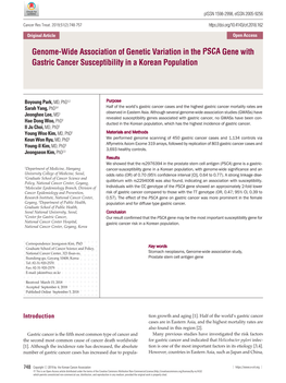 Genome-Wide Association of Genetic Variation in the PSCA Gene with Gastric Cancer Susceptibility in a Korean Population