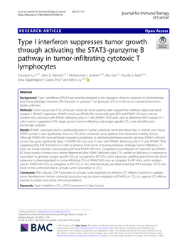 Type I Interferon Suppresses Tumor Growth Through Activating the STAT3-Granzyme B Pathway in Tumor-Infiltrating Cytotoxic T Lymphocytes Chunwan Lu1,2,3*, John D