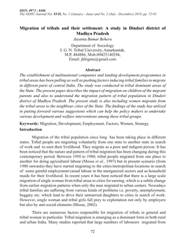 Migration of Tribals and Their Settlement: a Study in Dindori District of Madhya Pradesh Jayanta Bumar Behera Department of Sociology I