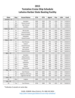2015 Tentative Cruise Ship Schedule Lahaina Harbor State Boating Facility