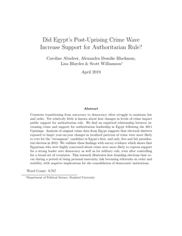 Did Egypt's Post-Uprising Crime Wave Increase Support for Authoritarian