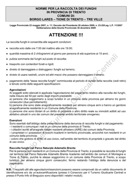 Norme Per La Raccolta Dei Funghi in Provincia Di Trento Comuni Di: Borgo Lares – Tione Di Trento – Tre Ville