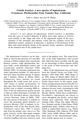 Nebalia Kensleyi, a New Species of Leptostracan (Crustacea: Phyllocarida) from Tomales Bay, California