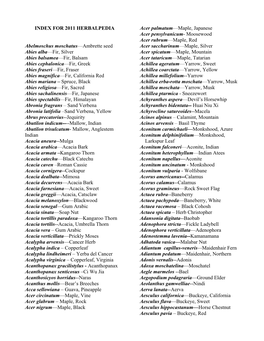 INDEX for 2011 HERBALPEDIA Abelmoschus Moschatus—Ambrette Seed Abies Alba—Fir, Silver Abies Balsamea—Fir, Balsam Abies